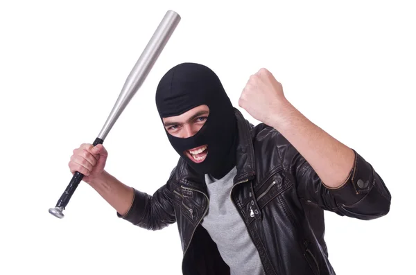 Male hooligan with bat on white — Stock Photo, Image