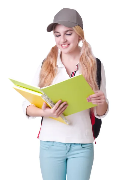 Studente ragazza con libri su bianco — Foto Stock