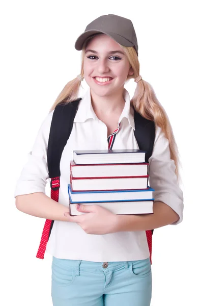 Chica estudiante con libros en blanco — Foto de Stock