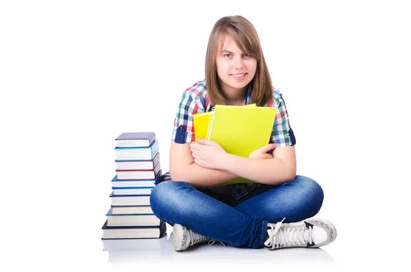 Dívka student s knihami na bílém — Stock fotografie