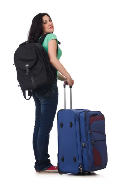 Young woman with suitcase isolated on white Stock Photo