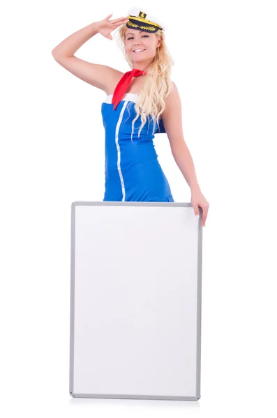 Stewardess with blank board on white — Stock Photo, Image