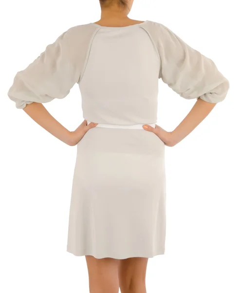 Женщина в модном платье концепция на белом — стоковое фото