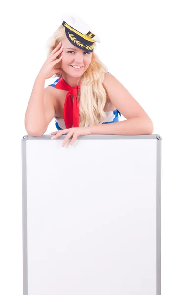 Stewardess with blank board on white — Stock Photo, Image