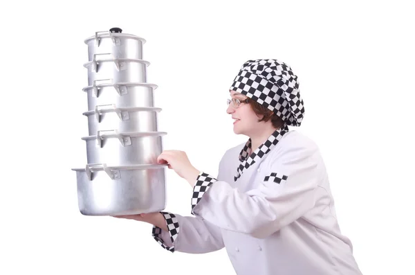 Cook with stack of pots on white — Stock Photo, Image