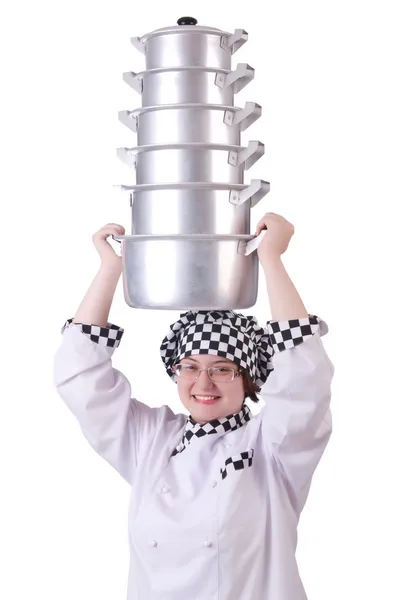 Cook with stack of pots on white — Stock Photo, Image