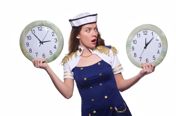 Sailor with clock isolated on white — Stok fotoğraf