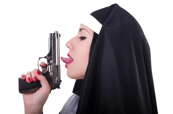 Nun with gun isolated on the white — Stock Photo, Image