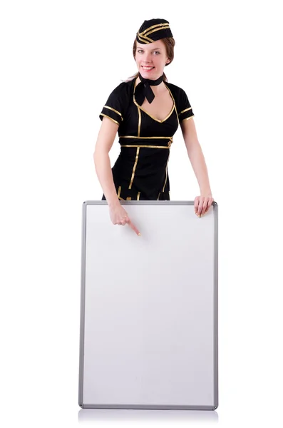 Stewardess met leeg bord op wit — Stockfoto