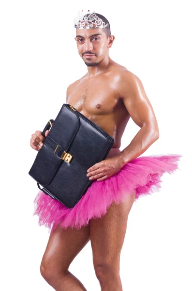 Man in tutu with briefcase on white — Stock Photo, Image