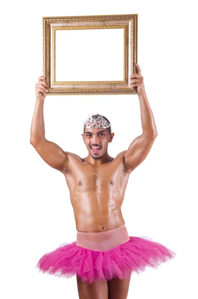 Hombre en tutú rosa con marco de imagen — Foto de Stock