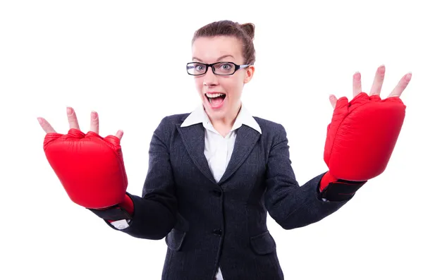 Donna con guantoni da boxe su bianco — Foto Stock