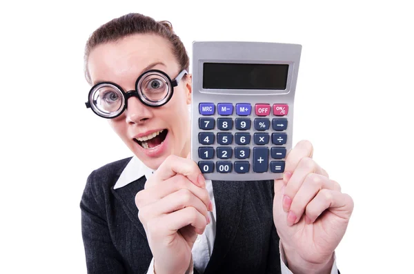 Contador divertido con calculadora en blanco —  Fotos de Stock