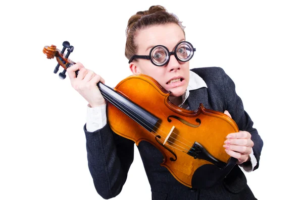 Zakenvrouw met violing geïsoleerd op wit — Stockfoto