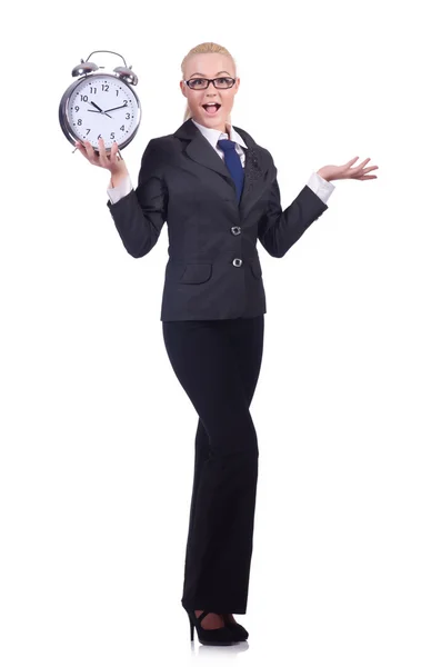 Woman with giant clock on white — Stock Photo, Image