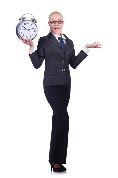 Femme avec horloge géante sur blanc — Photo