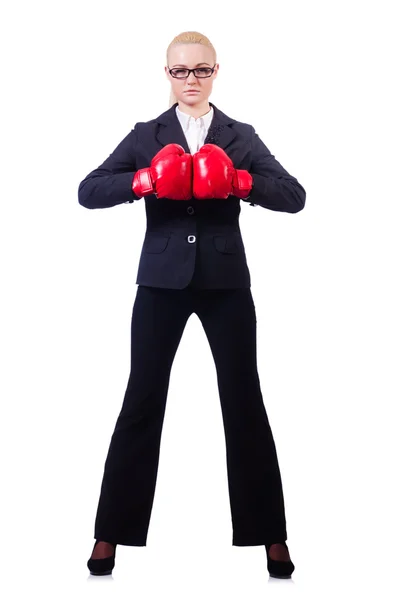 白い上にボクシングの手袋を持つ女性ビジネス女性 — ストック写真