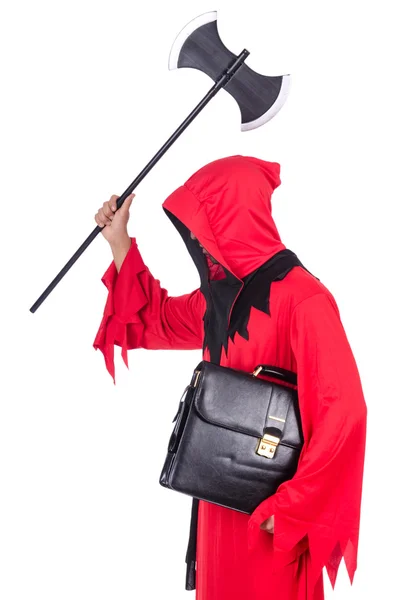 Executioner in red costume with axe on white — Stock Photo, Image