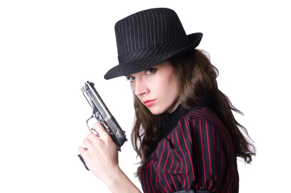 Mulher gangster com pistola no branco — Fotografia de Stock