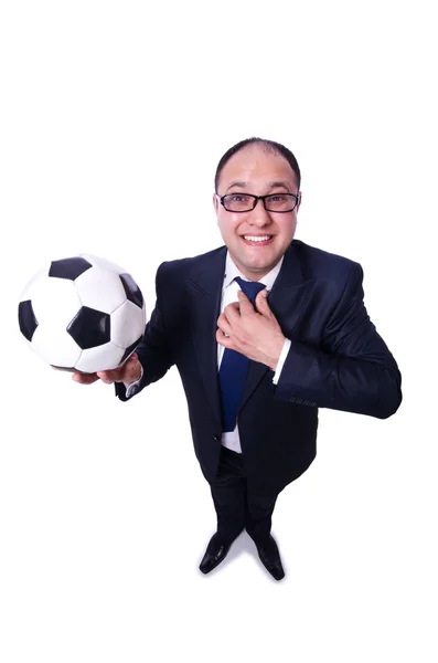 Homme d'affaires avec football sur blanc — Photo