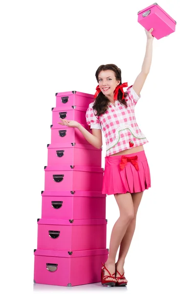 Young woman with storage boxes on white — Stock Photo, Image