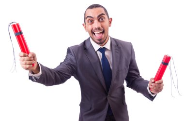 Dinamiti olan bir iş adamı beyazda izole edilmiş.