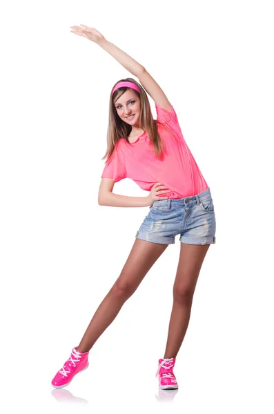 Young woman doing exercises on white — Stock Photo, Image