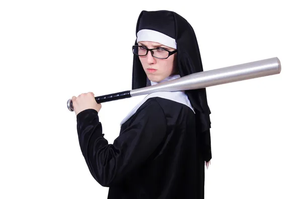 Nun with baseball bat on white — Stock Photo, Image