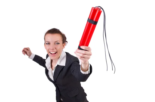 Businesswoman with dynamite on white — Stock Photo, Image