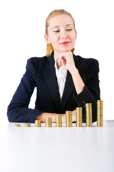 Mulher com moedas isoladas em branco — Fotografia de Stock