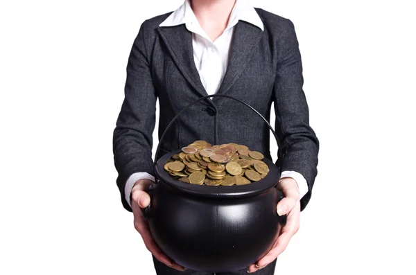 Woman holding pot of gold coins — Stock Photo, Image