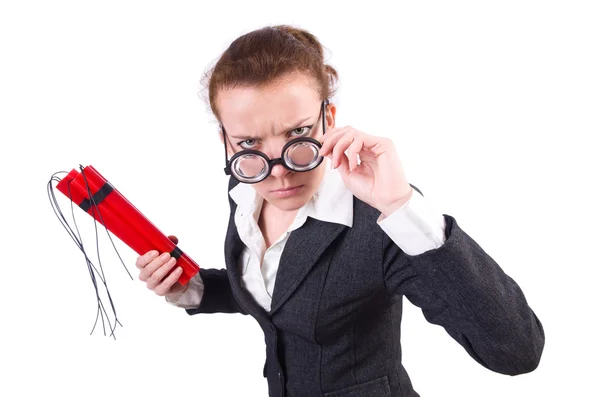 Businesswoman with dynamite on white — Stock Photo, Image