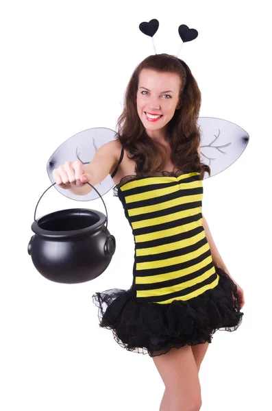 Kobieta w kostium pszczoły izolowane na białym — Zdjęcie stockowe