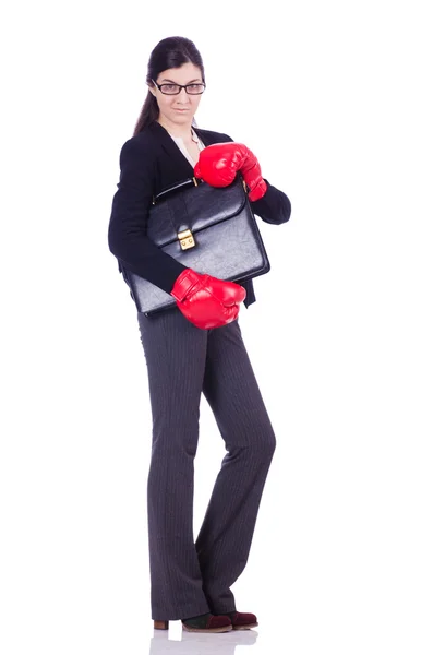 Mulher empresária com luvas de boxe em branco — Fotografia de Stock