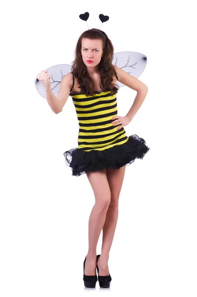 Žena ve včelím kostýmu izolovaná na bílém — Stock fotografie
