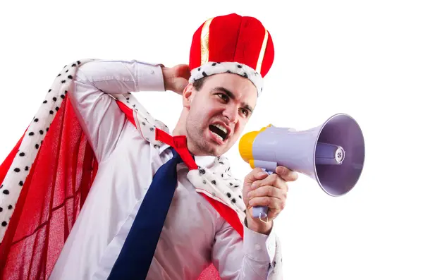 King businessman with loudspeaker isolated on white — Stock Photo, Image