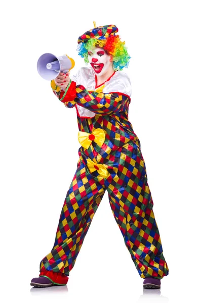 Clown with loudspeaker on white — Stock Photo, Image