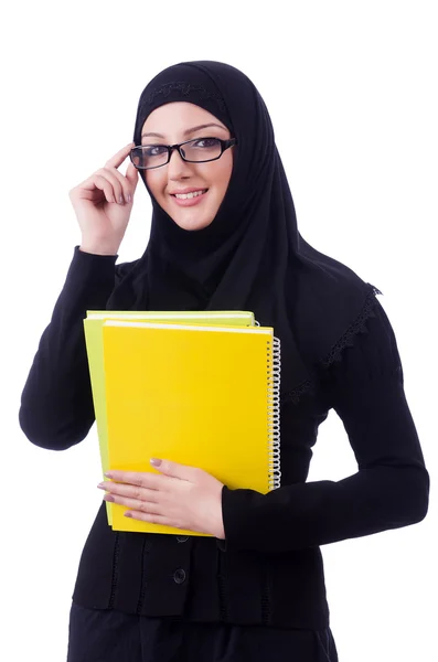 Young muslim woman with book on white — Stock Photo, Image