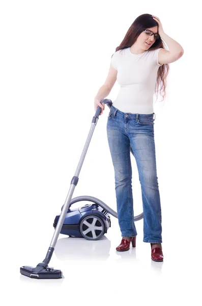 Young woman with vacuum cleaner on white — Stock Photo, Image