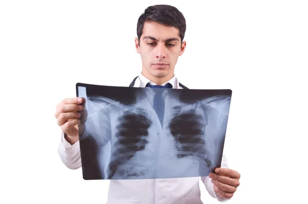 Young doctor with x-ray image on white — Stock Photo, Image