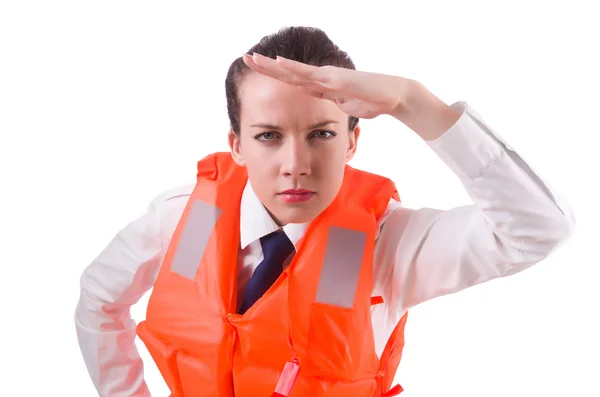 Young woman with life vest on white — Stock Photo, Image