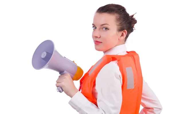 Young woman with vest and loudspeaker on white — Stock Photo, Image