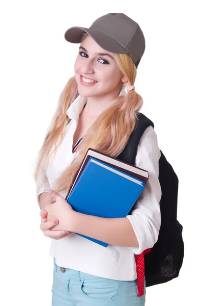 Girl student with books on white — Stock Photo, Image