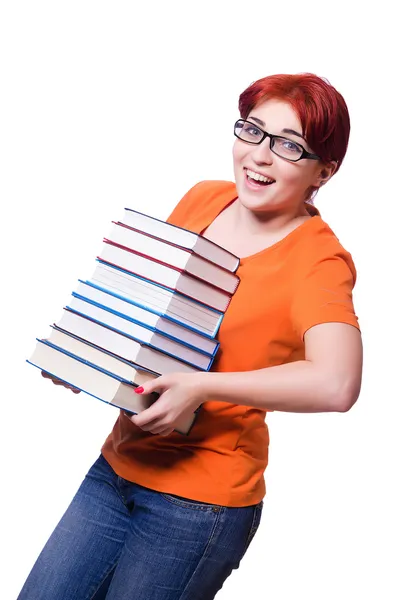 Estudante com livros sobre branco — Fotografia de Stock