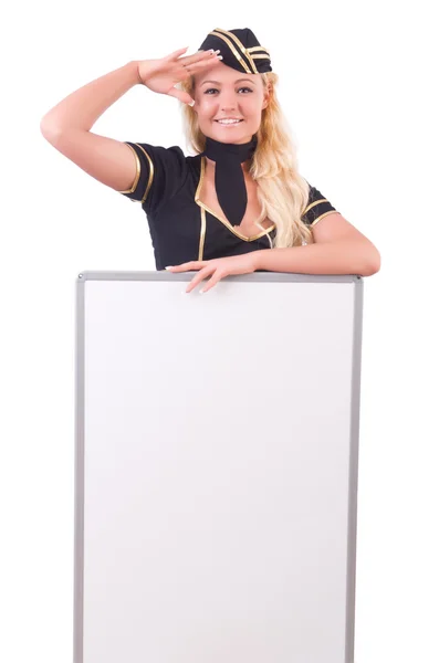 Stewardess with blank board on white — Stock Photo, Image