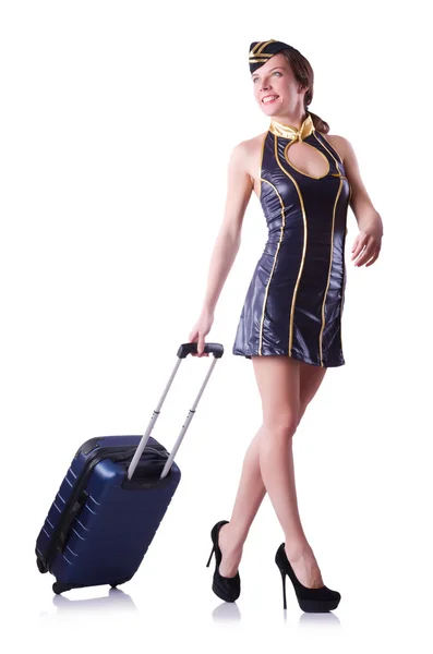 Woman travel attendant with suitcase on white — Stock Photo, Image