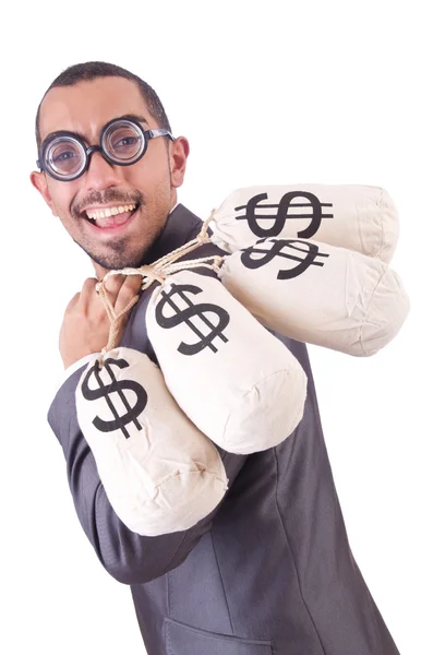 Man with money sacks on white — Stock Photo, Image