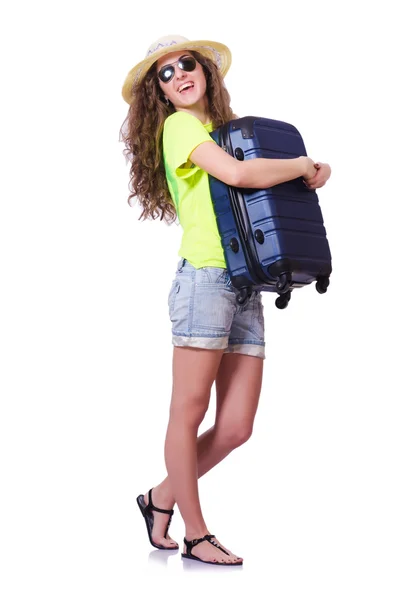 Young woman ready for summer vacation on white — Stock Photo, Image
