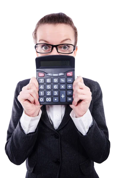 Grappige accountant met Rekenmachine op wit — Stockfoto