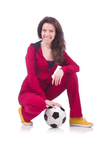 Junge Frau mit Fußball in Weiß — Stockfoto